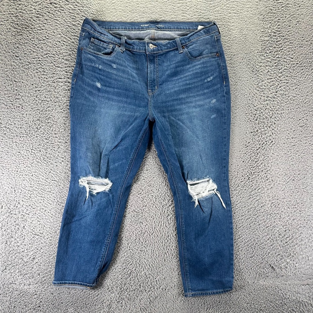 Old Navy Jeans Womens 16 Blue Cotton Denim Boyfriend Distressed Cropped Stretch
